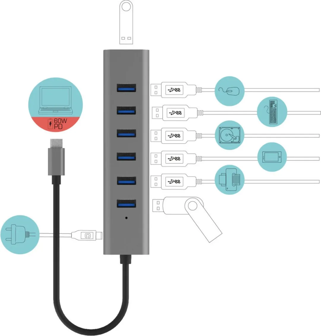 I-tec C31HUBMETAL703 USB Hub - 7 Poorten Grijs