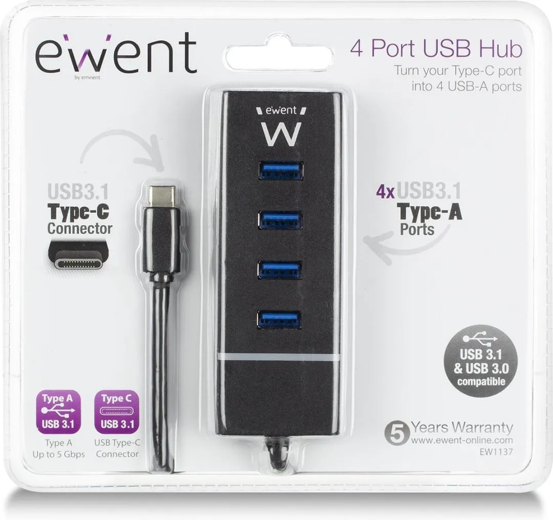 Ewent EW1137 4-Poorts USB 3.1 Hub - Zwart - afbeelding 5 van 5