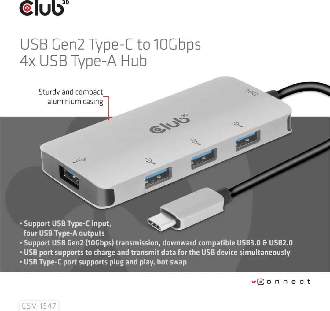 Club3D CSV-1547 USB-C Hub 4x USB-A 10Gbps - Zwart/Zilver