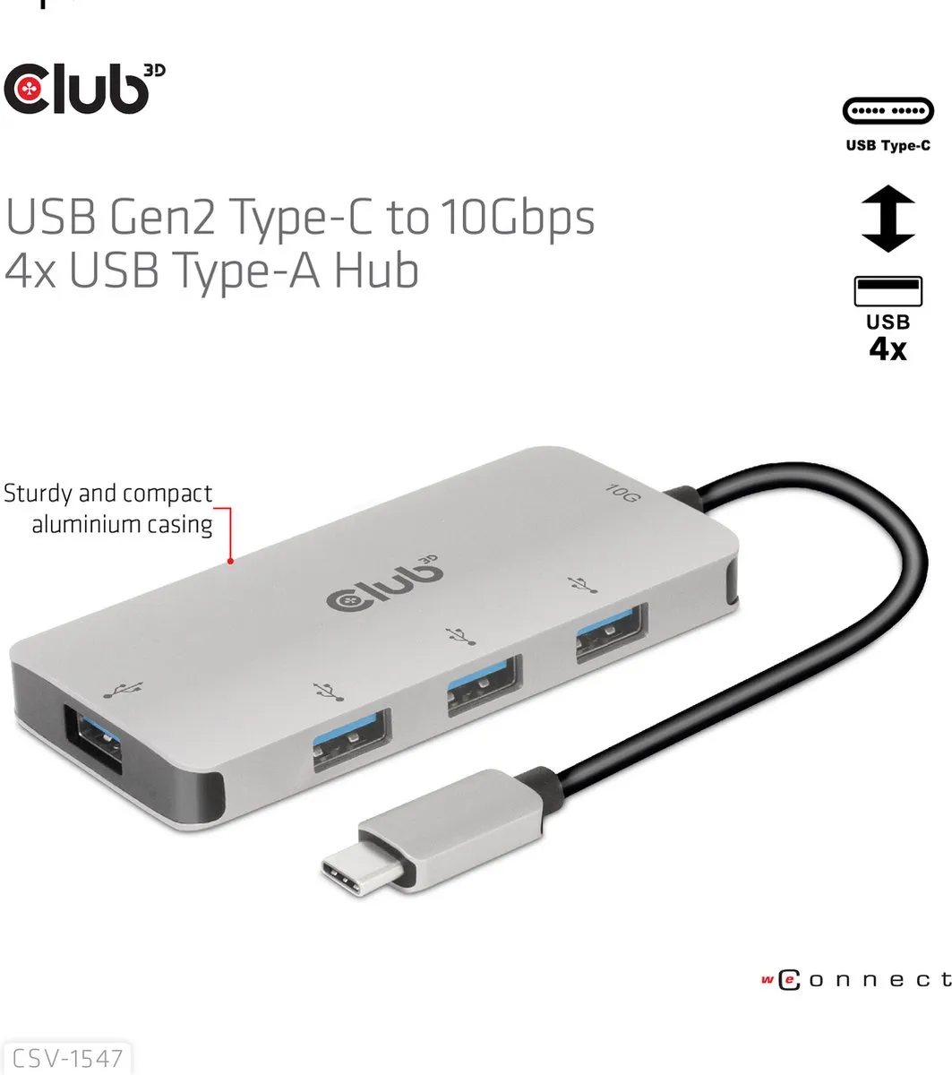 Club3D CSV-1547 USB-C Hub 4x USB-A 10Gbps - Zwart/Zilver