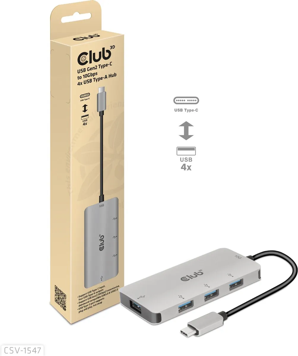 Club3D CSV-1547 USB-C Hub 4x USB-A 10Gbps - Zwart/Zilver