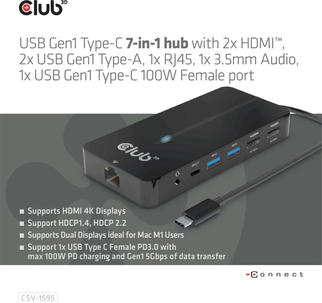 Club3D CSV-1595 USB-C 7-in-1 Hub - 2x HDMI, 2x USB-A, RJ45, Audio - 100W - Zwart