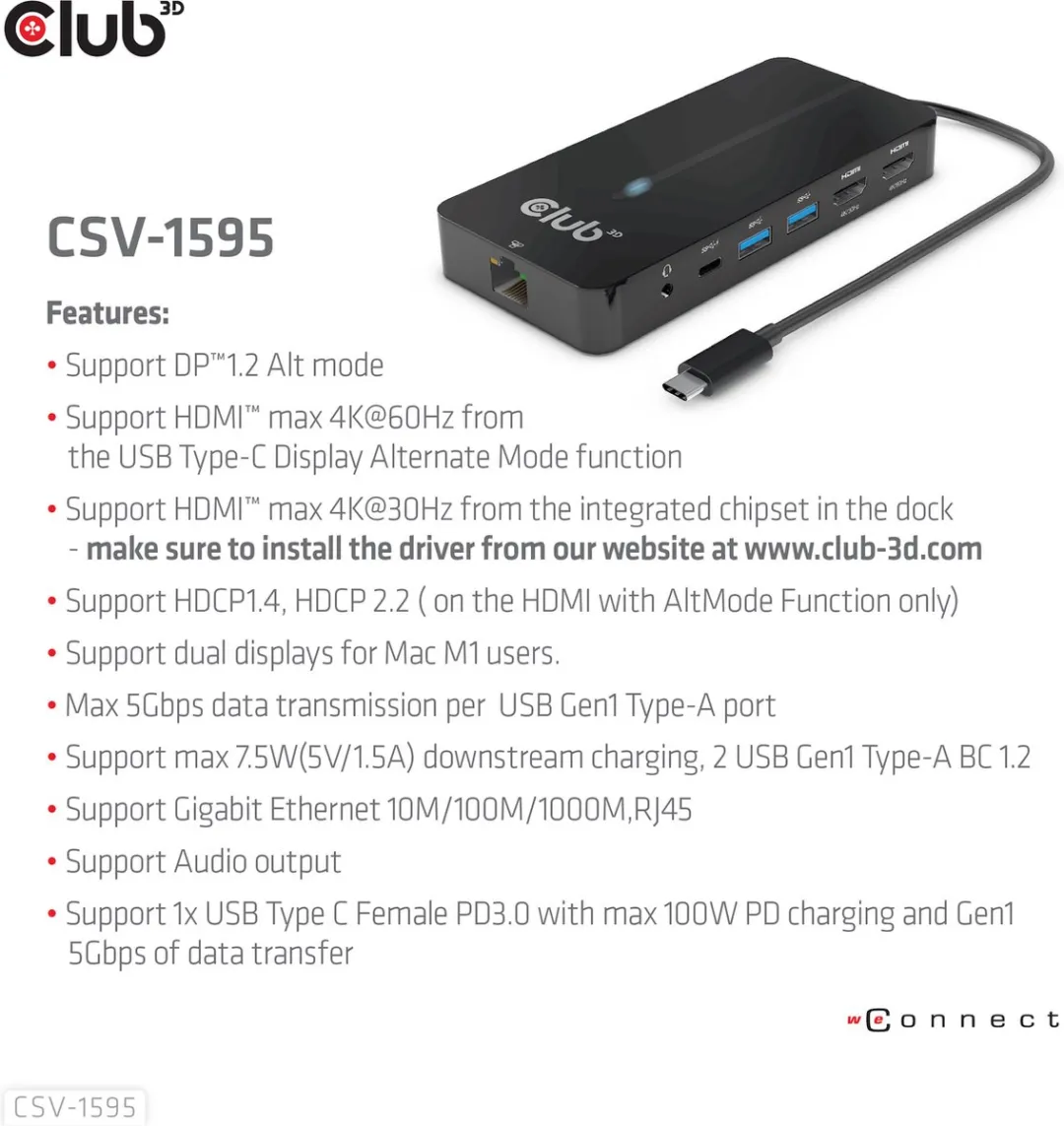 Club3D CSV-1595 USB-C 7-in-1 Hub - 2x HDMI, 2x USB-A, RJ45, Audio - 100W - Zwart - afbeelding 6 van 6