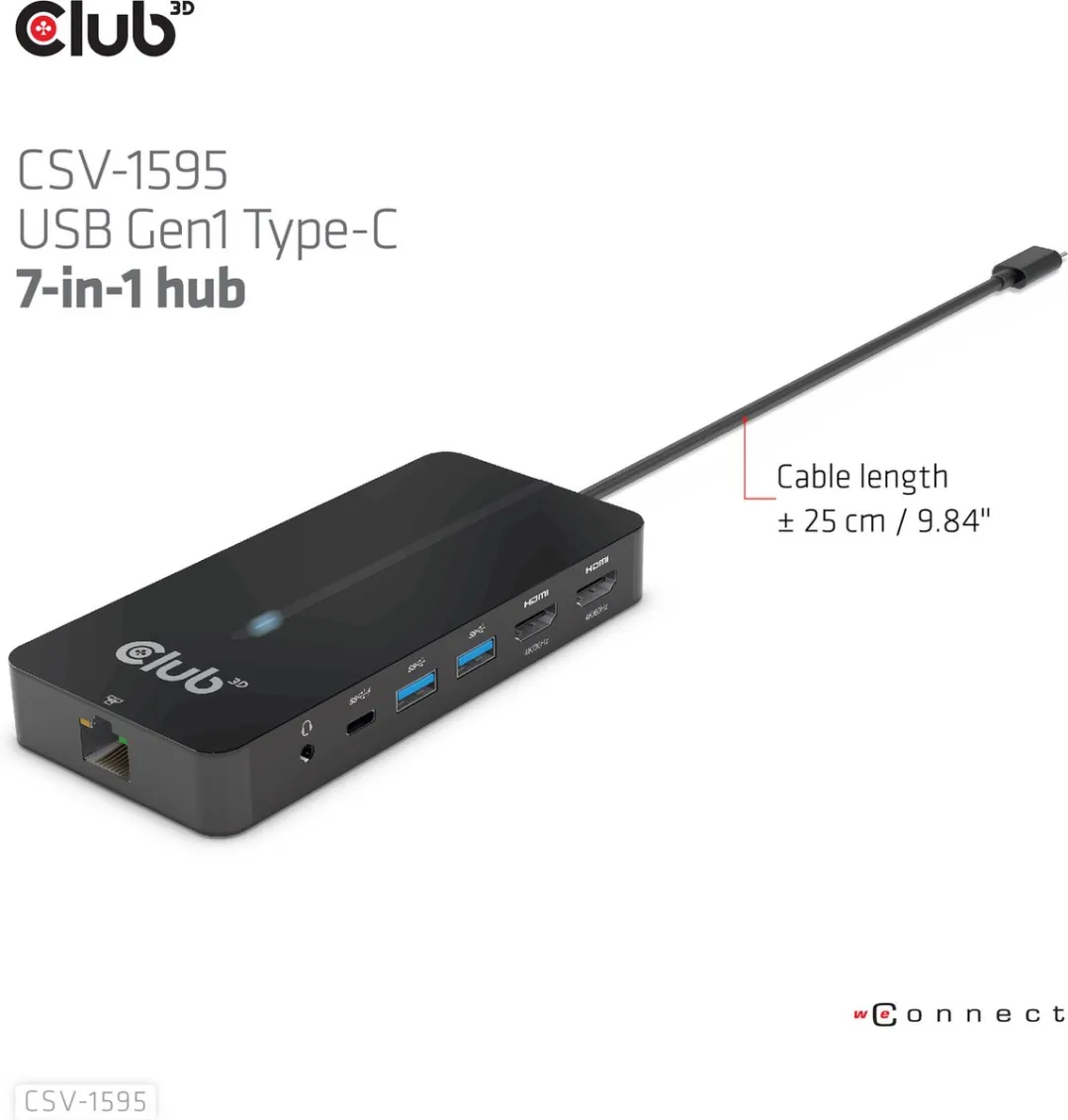 Club3D CSV-1595 USB-C 7-in-1 Hub - 2x HDMI, 2x USB-A, RJ45, Audio - 100W - Zwart