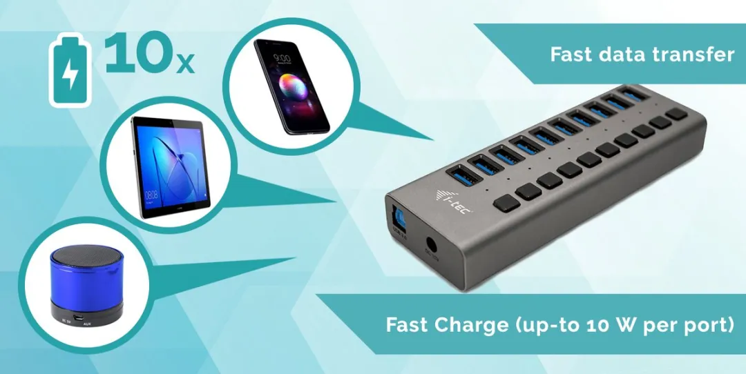 I-tec U3CHARGEHUB10 USB Oplader 10 Poorten - 48W - Grijs - afbeelding 6 van 6