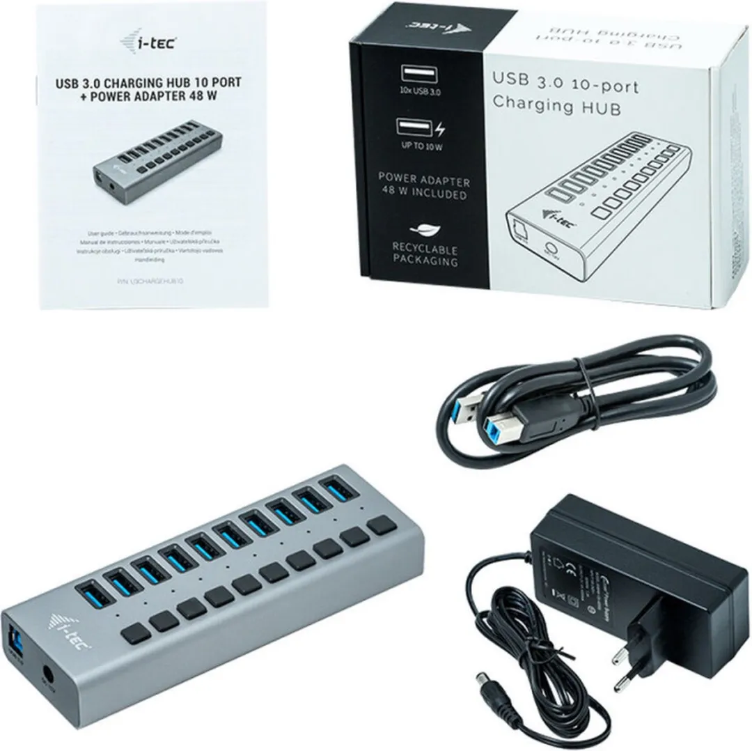 I-tec U3CHARGEHUB10 USB Oplader 10 Poorten - 48W - Grijs