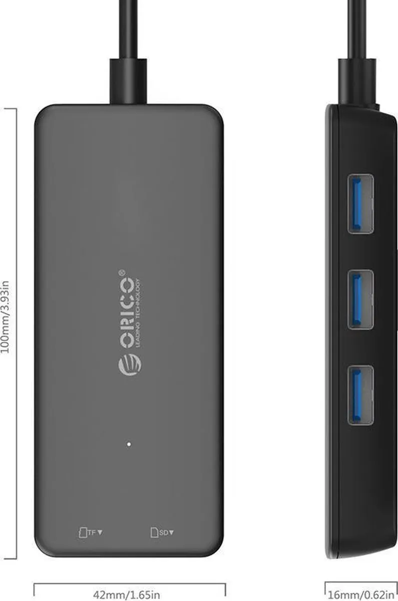ORICO ORI-H3TS-U3-V1-BK USB3.0 Hub 3x Type-A - SD/MF Kaartlezer - 20cm - Zwart