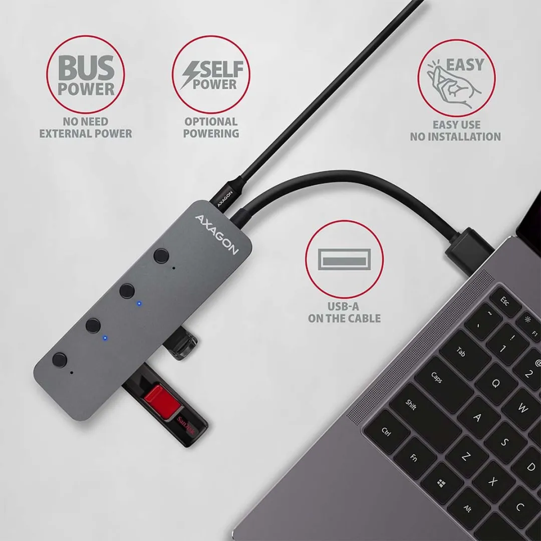 Axagon HUE-MSA USB3.2 Hub 4 Poorten - Grijs - afbeelding 4 van 6