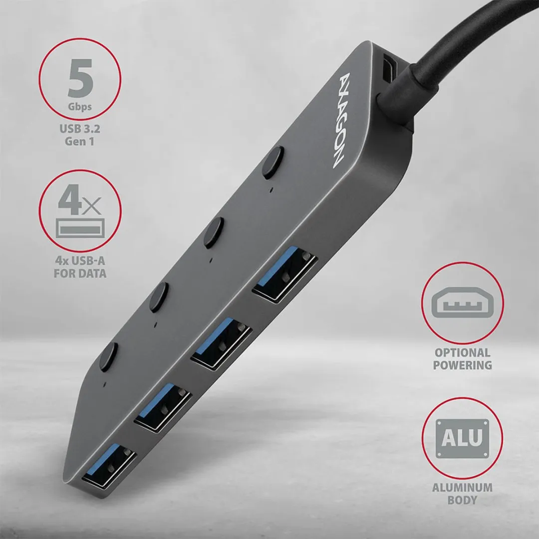 Axagon HUE-MSA USB3.2 Hub 4 Poorten - Grijs - afbeelding 2 van 6