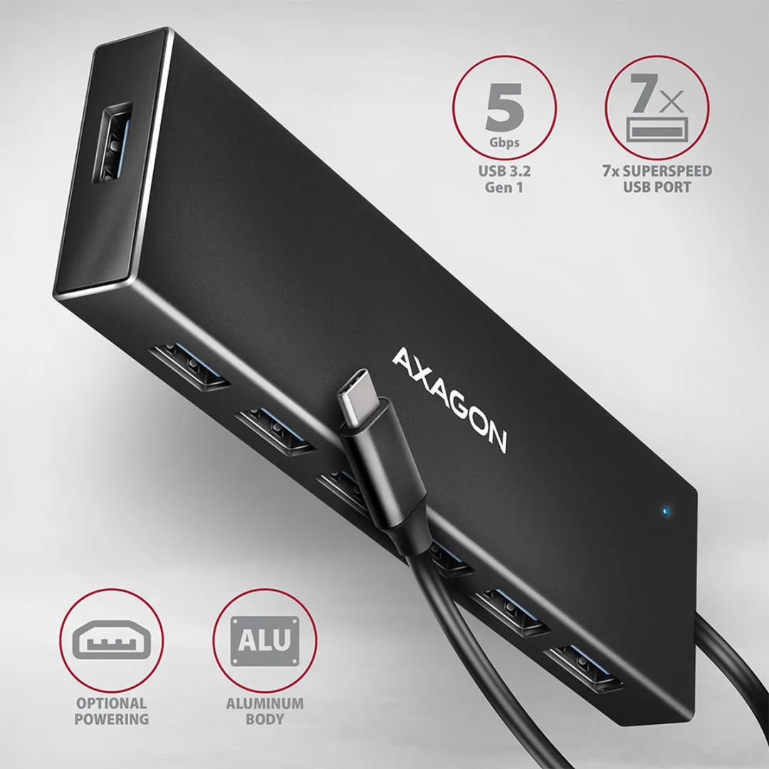 Axagon HUE-F7C USB 3.2 Hub 7 Poorten - Zwart - afbeelding 3 van 6