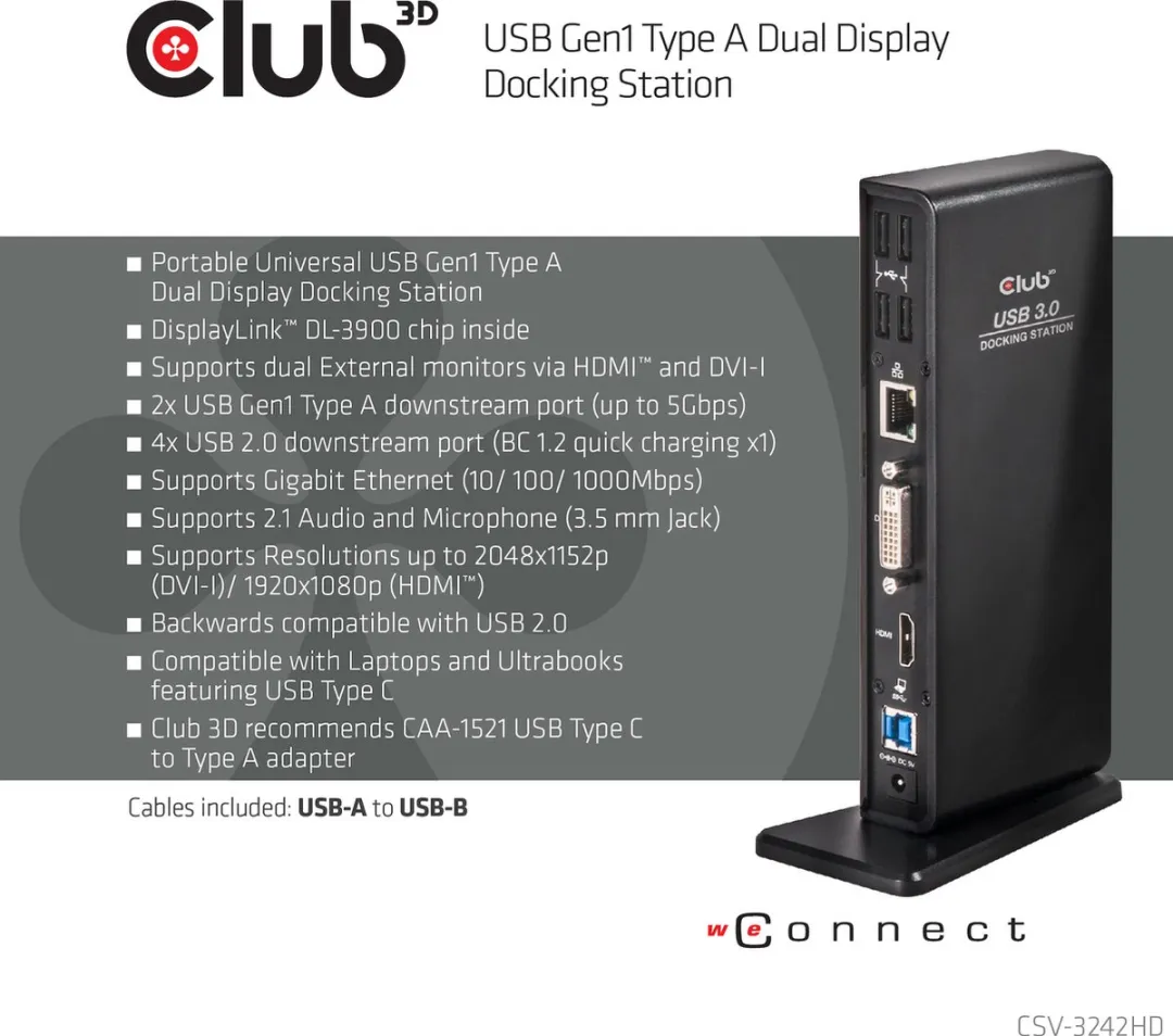 Club3D CSV-3242hD USB-A Docking Station - 2 Schermen - Zwart - afbeelding 6 van 6