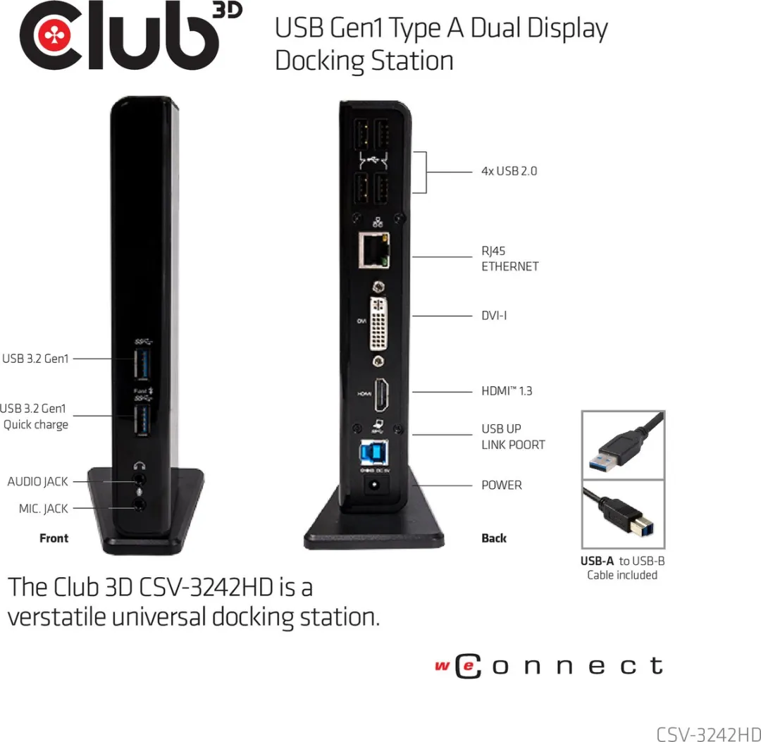 Club3D CSV-3242hD USB-A Docking Station - 2 Schermen - Zwart