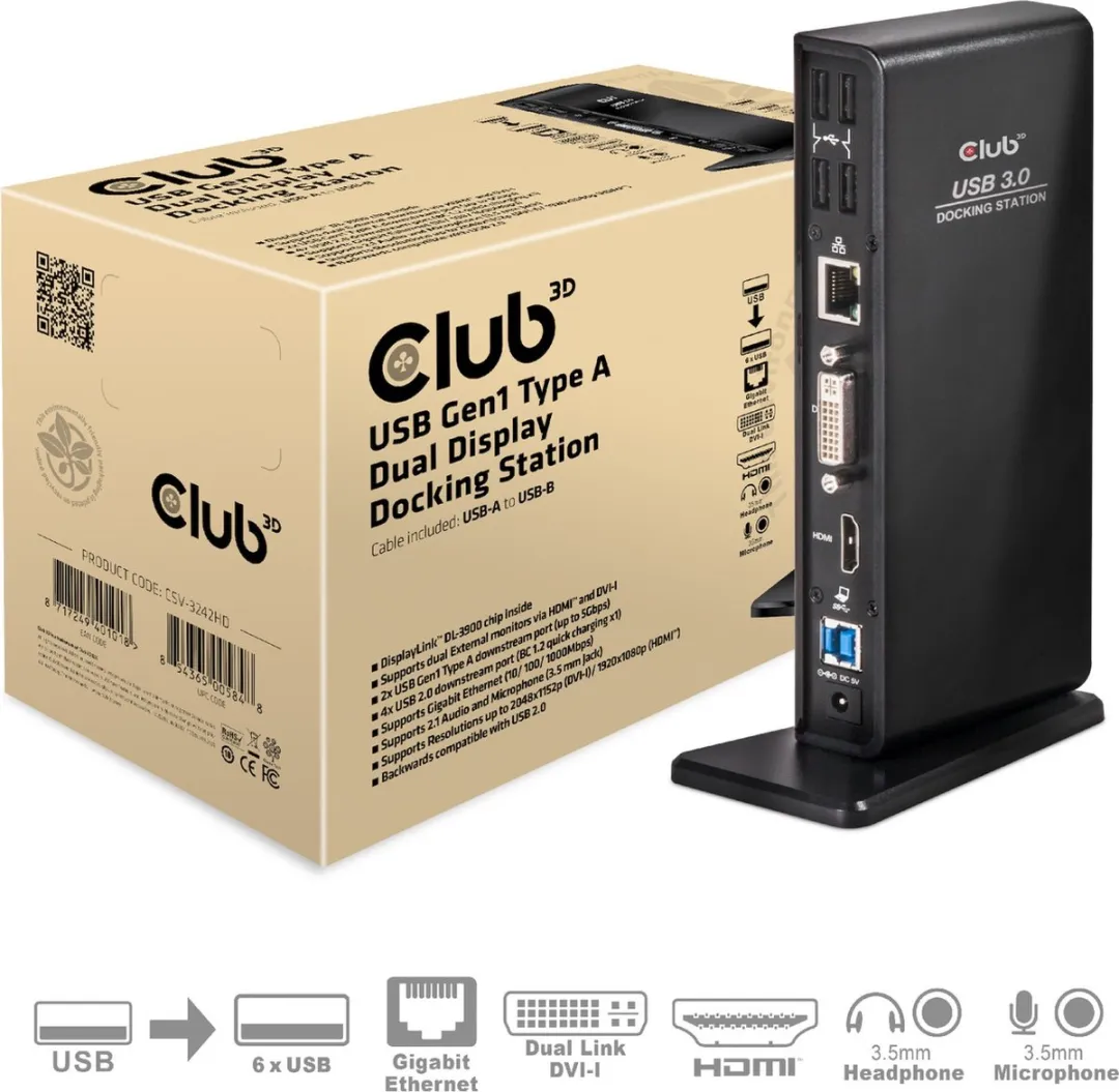 Club3D CSV-3242hD USB-A Docking Station - 2 Schermen - Zwart