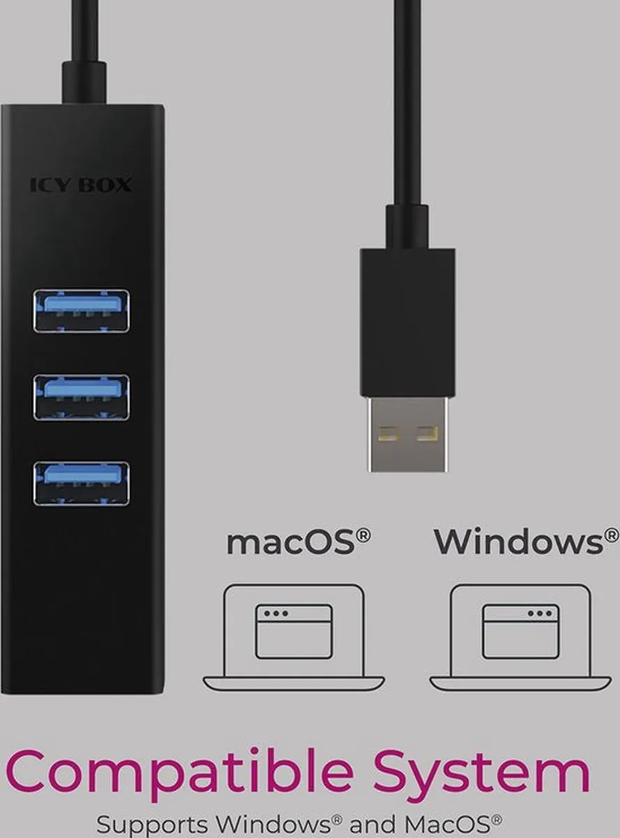Icy Box IB-HUB1419-LAN USB 3.2 Hub 4 Poorten - Zwart