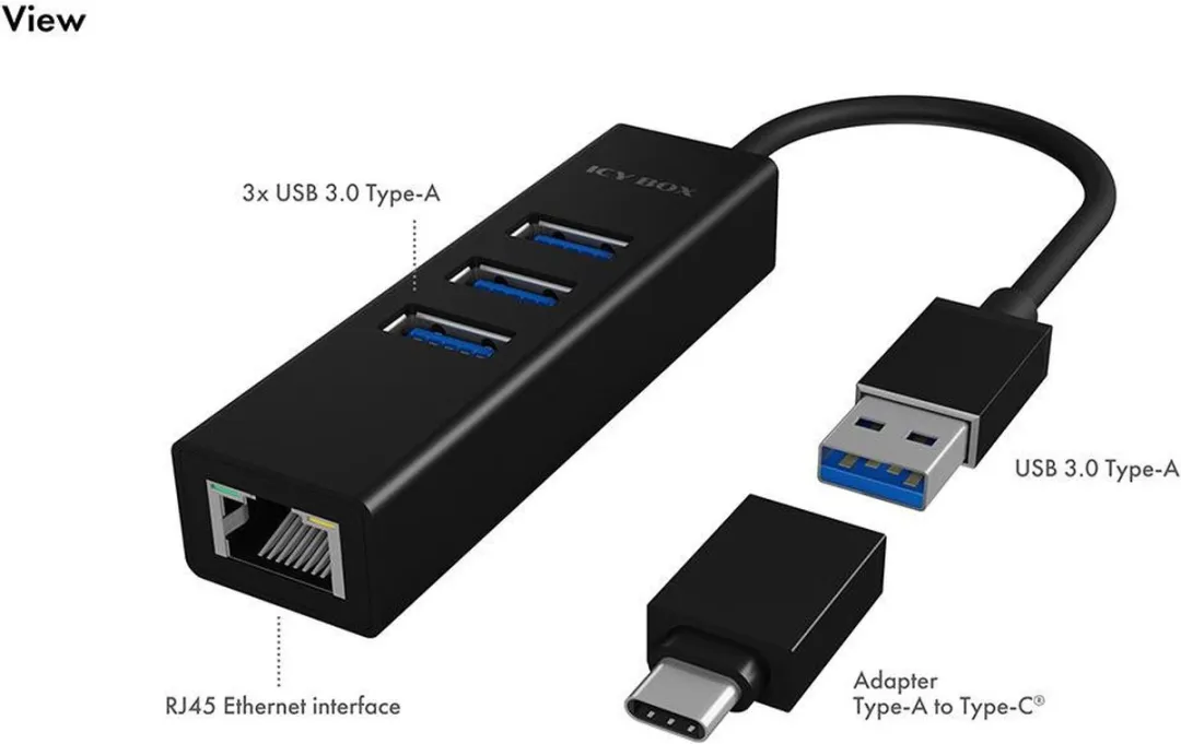 Icy Box IB-HUB1419-LAN USB 3.2 Hub 4 Poorten - Zwart