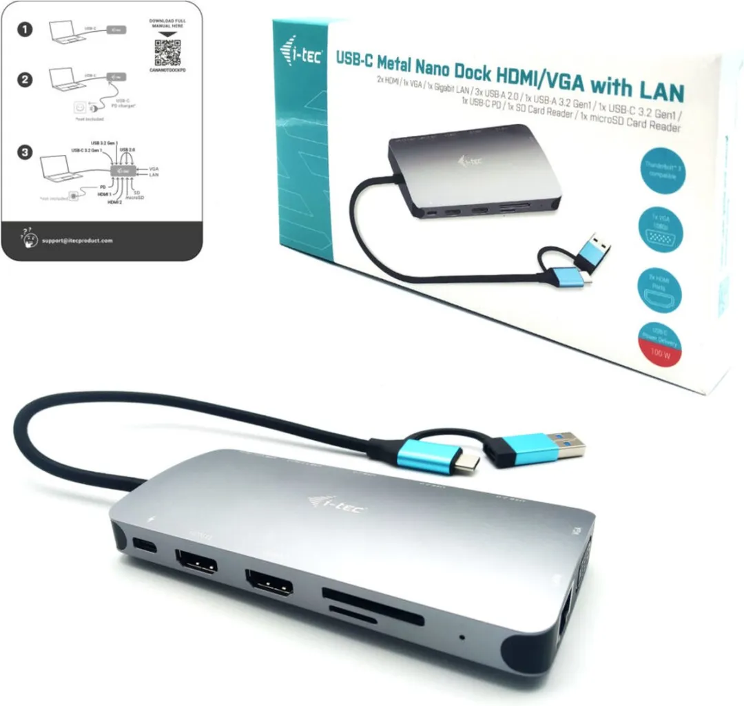 I-tec USB-C Nano Dock CANANOTDOCKPD - 2x HDMI/VGA/Ethernet/USB-A/USB-C - afbeelding 6 van 6