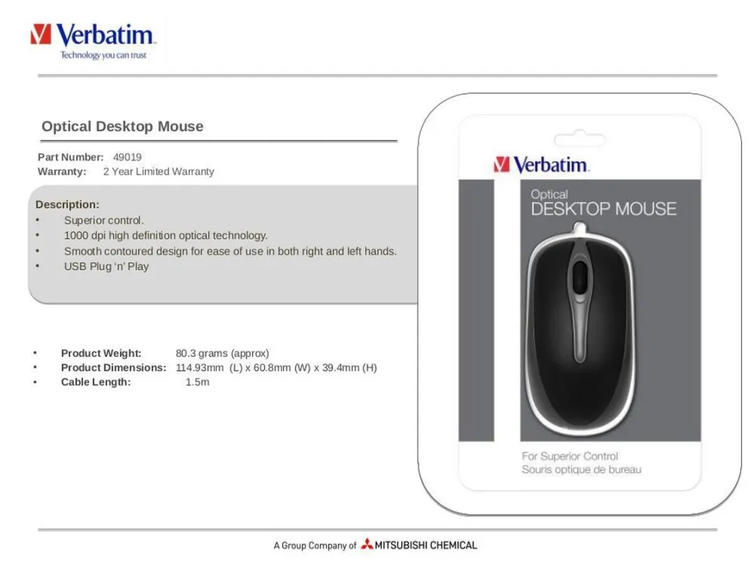 Verbatim 49019 Ambidextrous USB Muis - 1000 DPI - Zwart/Grijs