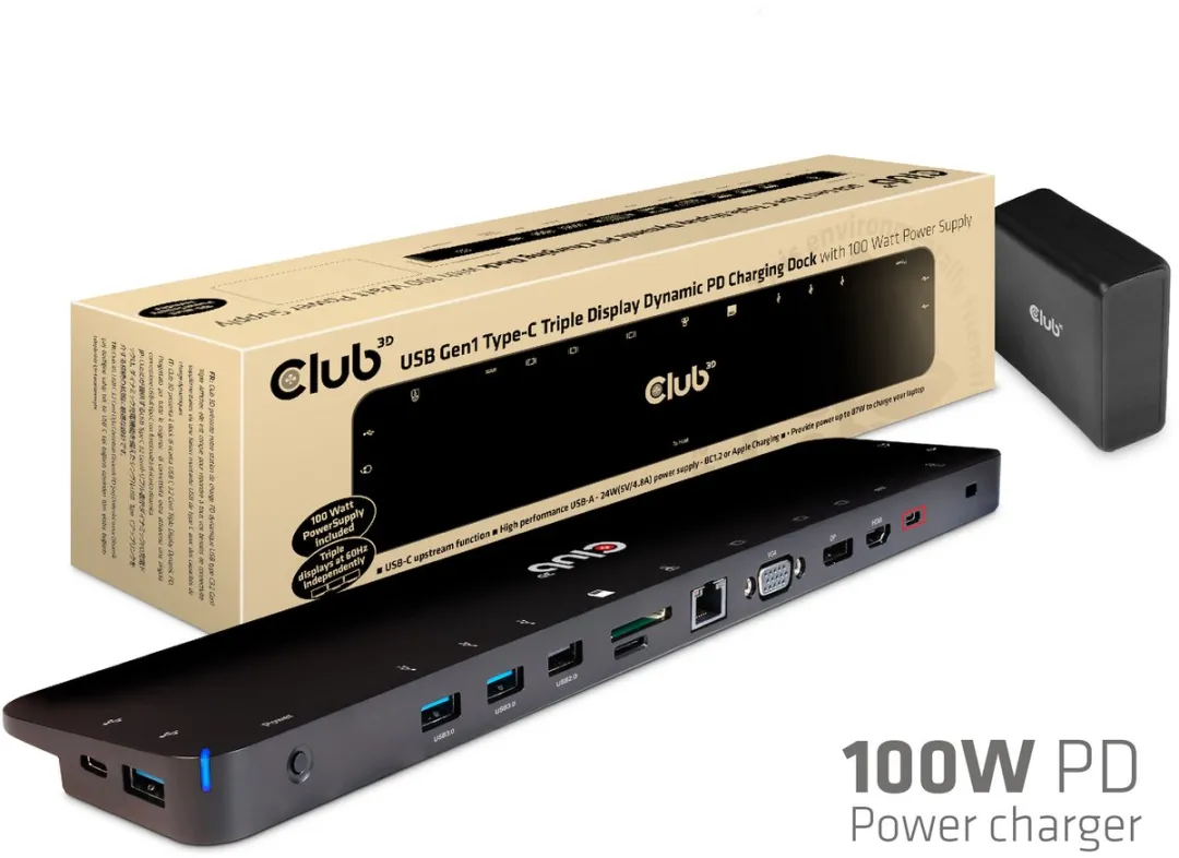 Club3D CSV-1564W100 Universeel Dockingstation - 3 Beeldschermen - 100W PD - Zwart