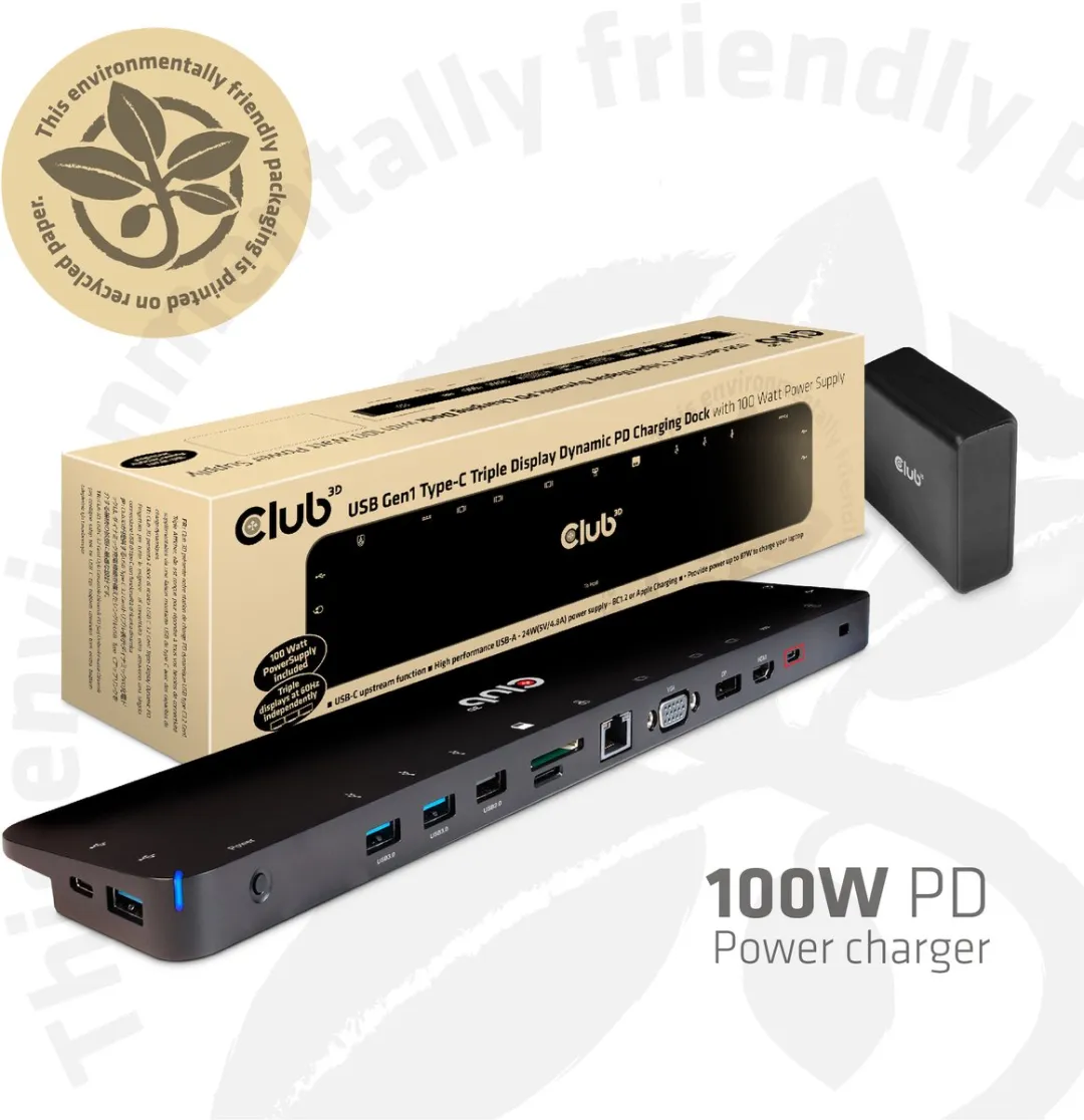 Club3D CSV-1564W100 Universeel Dockingstation - 3 Beeldschermen - 100W PD - Zwart