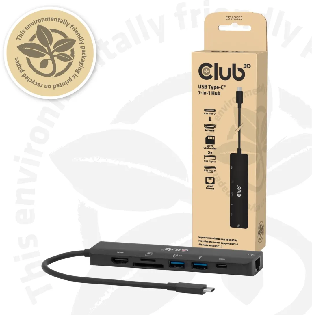 Club3D CSV-2553 USB-C 7-in-1 Hub - HDMI 4K60Hz - RJ45 - Zwart