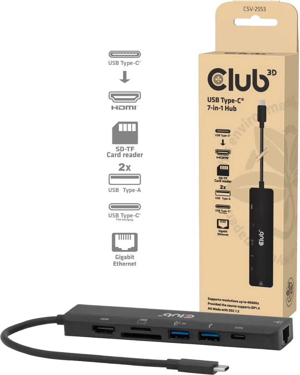 Club3D CSV-2553 USB-C 7-in-1 Hub - HDMI 4K60Hz - RJ45 - Zwart