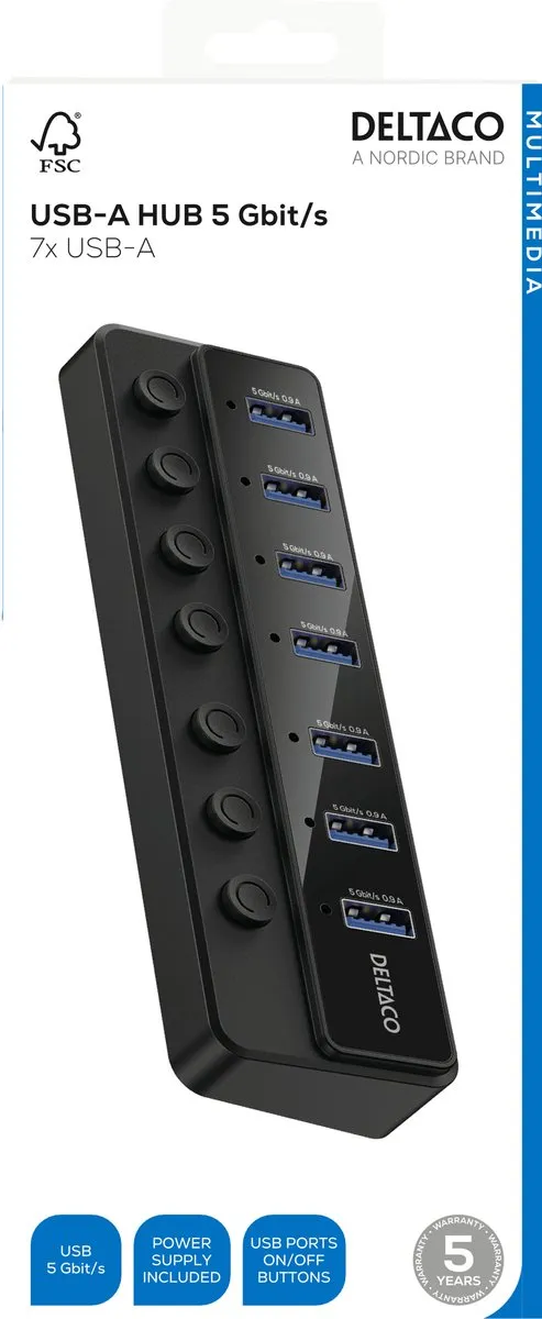 Deltaco UH-739 USB 2.0 Interface Hub 7 Poorten - Zwart - afbeelding 2 van 6