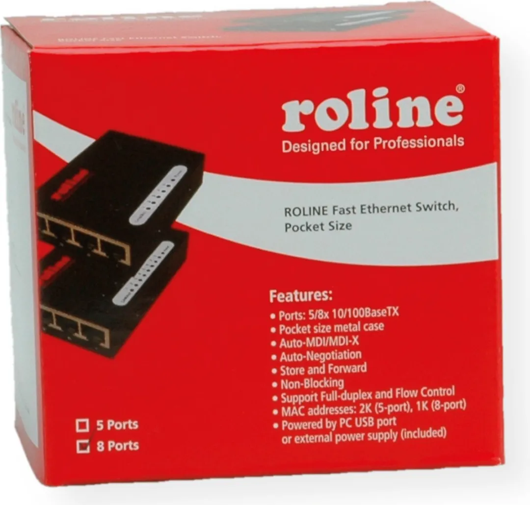 Roline Pocket 8-Ports Fast Ethernet Switch - Zwart