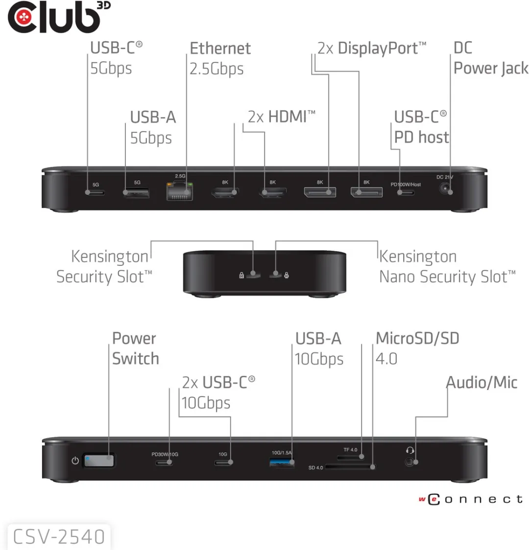 Club3D CSV-2540 USB-C Quad Display Dockingstation 100W - Zwart