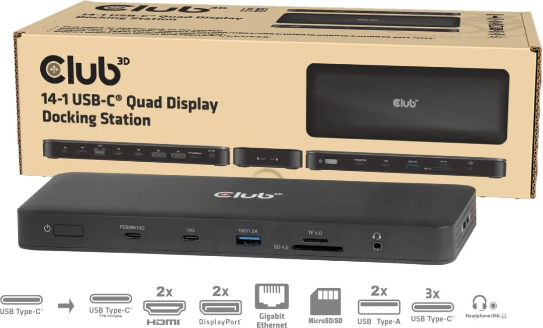 Club3D CSV-2540 USB-C Quad Display Dockingstation 100W - Zwart