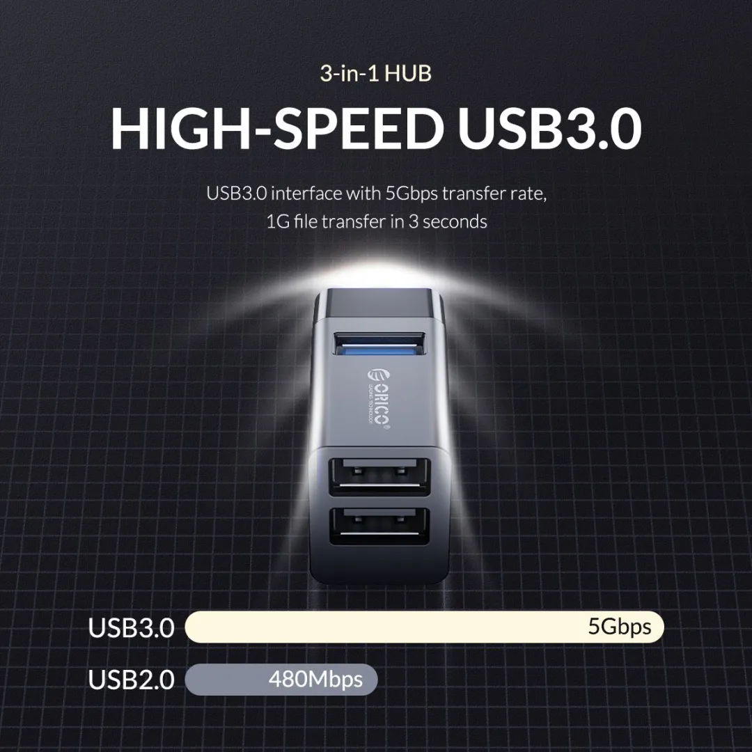 ORICO Mini USB Hub ORI-MINI-U32-BK - 3 Poorten 5Gbps - Zwart - afbeelding 6 van 6
