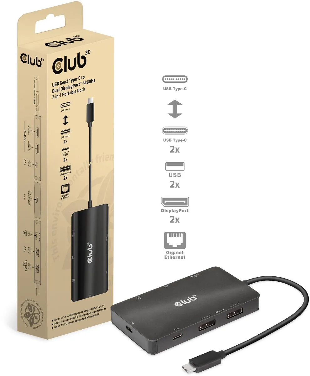 Club3D CSV-1598 USB-C Dock 7-in-1 - 2x DisplayPort 4K60Hz - Zwart
