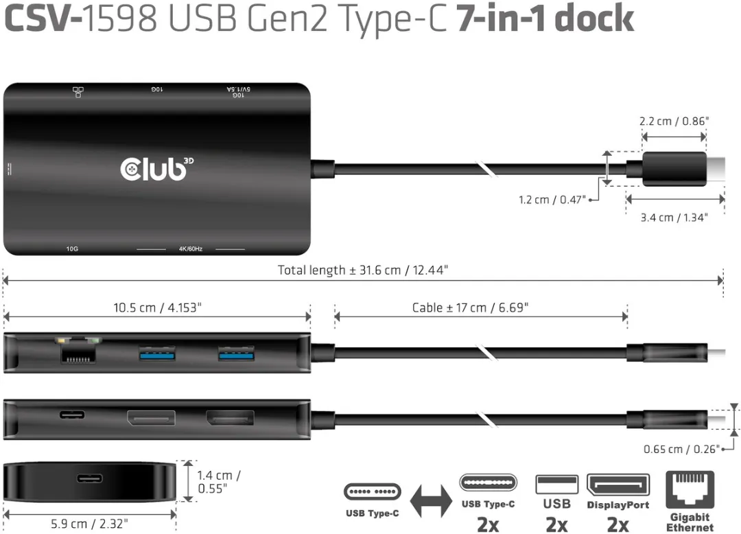 Club3D CSV-1598 USB-C Dock 7-in-1 - 2x DisplayPort 4K60Hz - Zwart - afbeelding 6 van 6