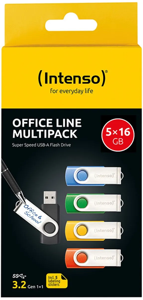Intenso Office Line 3543575 USB-stick 16GB - Geel/Blauw/ Groen/Zwart/Oranje - afbeelding 6 van 6