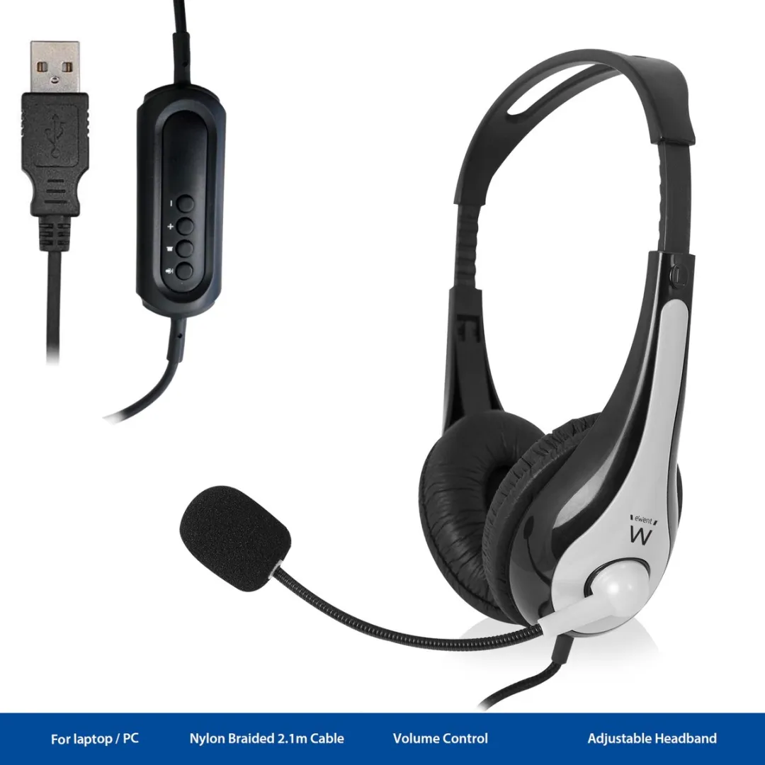 Ewent EW3565 Bedrade Hoofdband Headset - USB Type-A - Zwart/Wit
