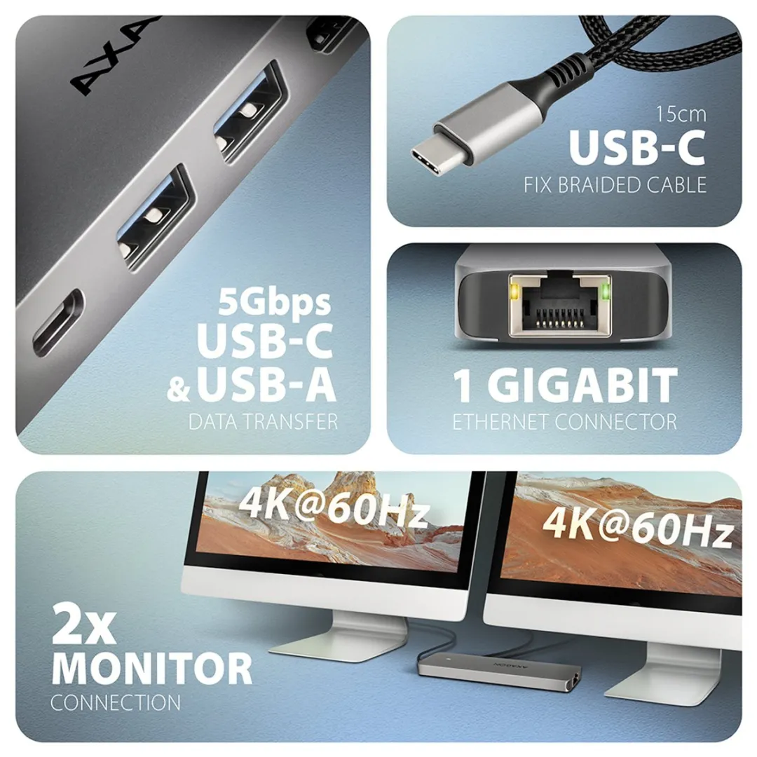 Axagon HMC-7HX2 Poortreplicator - USB 3.2 Gen 1 - Grijs