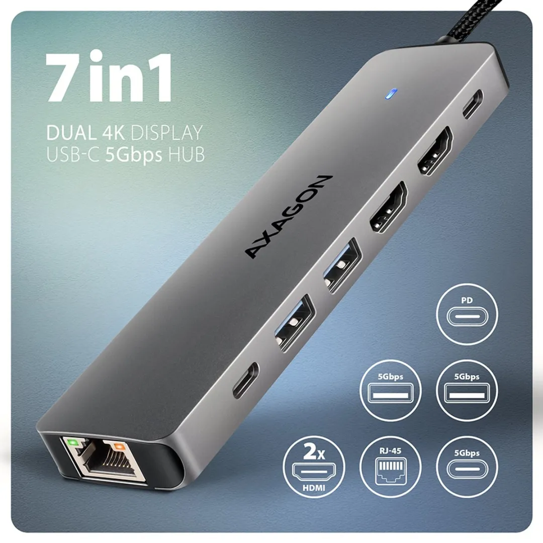 Axagon HMC-7HX2 Poortreplicator - USB 3.2 Gen 1 - Grijs