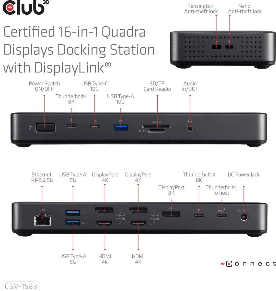 Club3D CSV-1583 Thunderbolt 4 Docking Station - 16-in-1 - Zwart