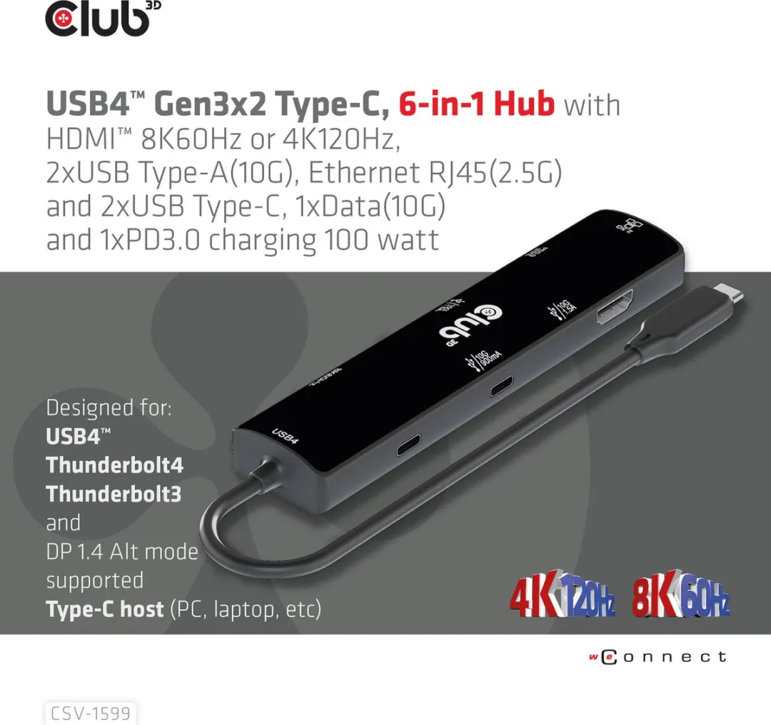 Club3D CSV-1599 USB4 Gen3x2 Hub - 8K60Hz/4K120Hz - 2xUSB-A 10G - 2.5G Ethernet - Zwart - afbeelding 2 van 6
