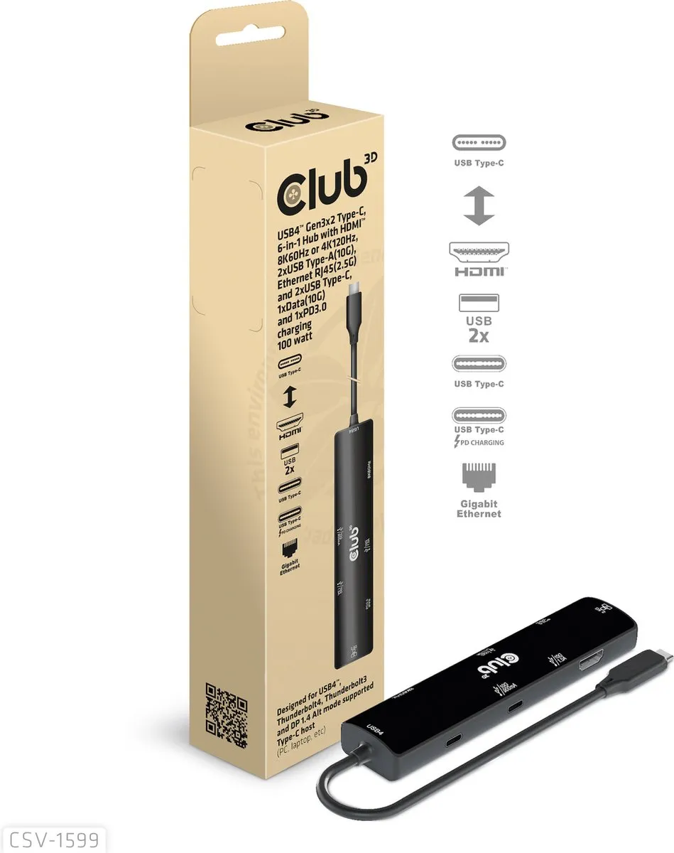 Club3D CSV-1599 USB4 Gen3x2 Hub - 8K60Hz/4K120Hz - 2xUSB-A 10G - 2.5G Ethernet - Zwart - afbeelding 3 van 6