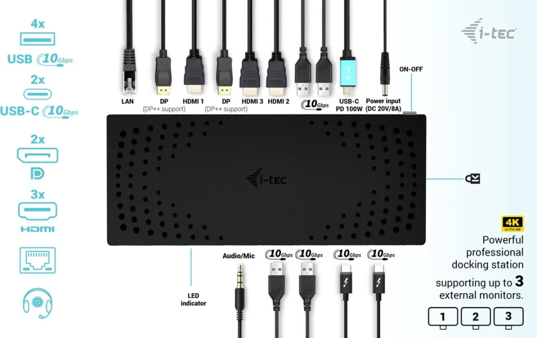 I-tec CATRIPLE4KDOCKPD2 Universeel Docking Station - 3x 4K - 100W - Zwart