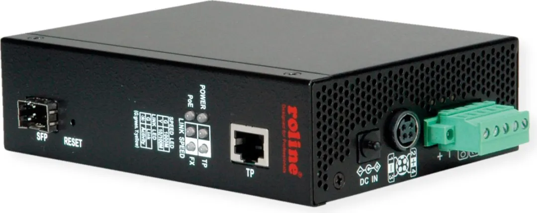 Roline Industriële Converter Gigabit Ethernet ROLINE - 100/1000 Mbps - PoE - Zwart