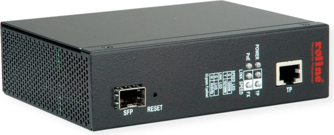Roline Industriële Converter Gigabit Ethernet ROLINE - 100/1000 Mbps - PoE - Zwart