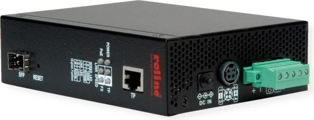 Roline Industriële Converter Gigabit Ethernet ROLINE - 100/1000 Mbps - PoE - Zwart