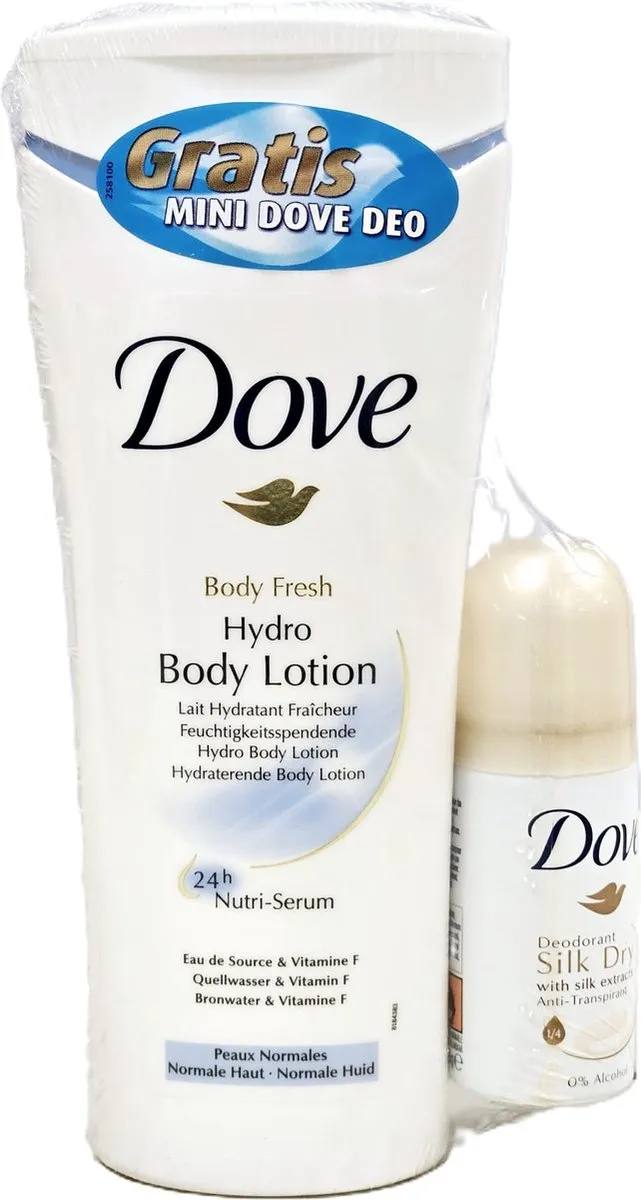 Dove Nutri E Body Milk 400ml + Silk Dry Deo Voordeelverpakking