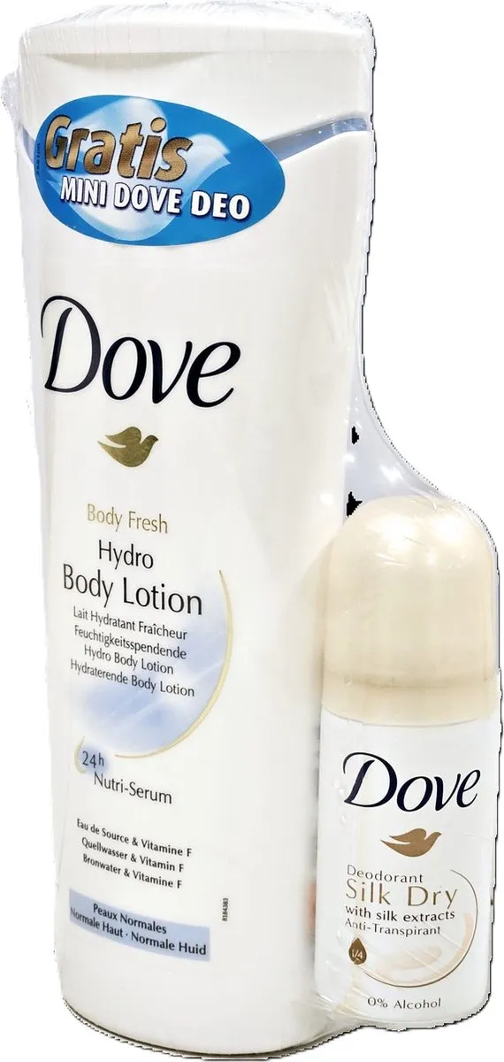 Dove Nutri E Body Milk 400ml + Silk Dry Deo Voordeelverpakking
