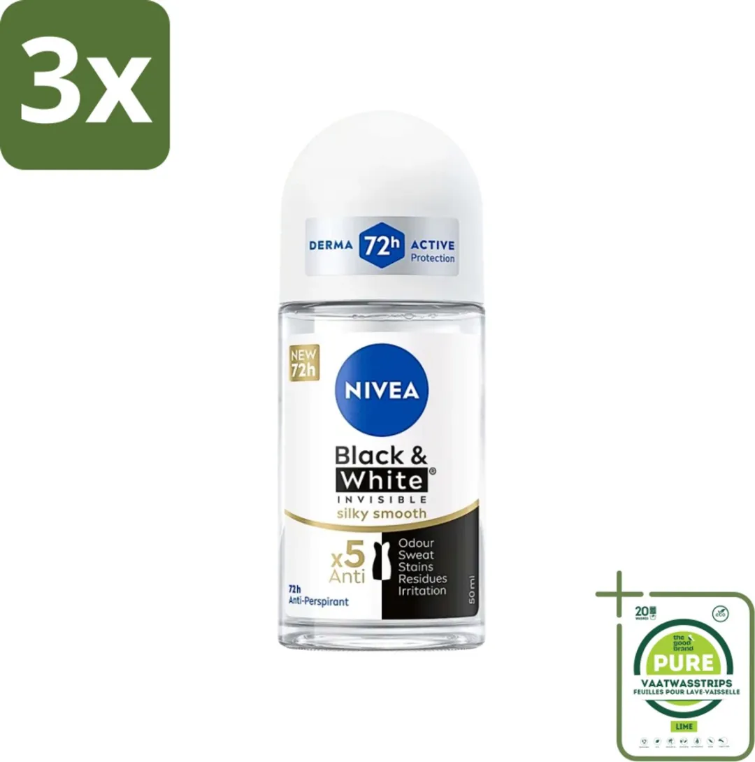 NIVEA Black & White Silky Smooth Deodorant Roller 150ml - 3 Stuks