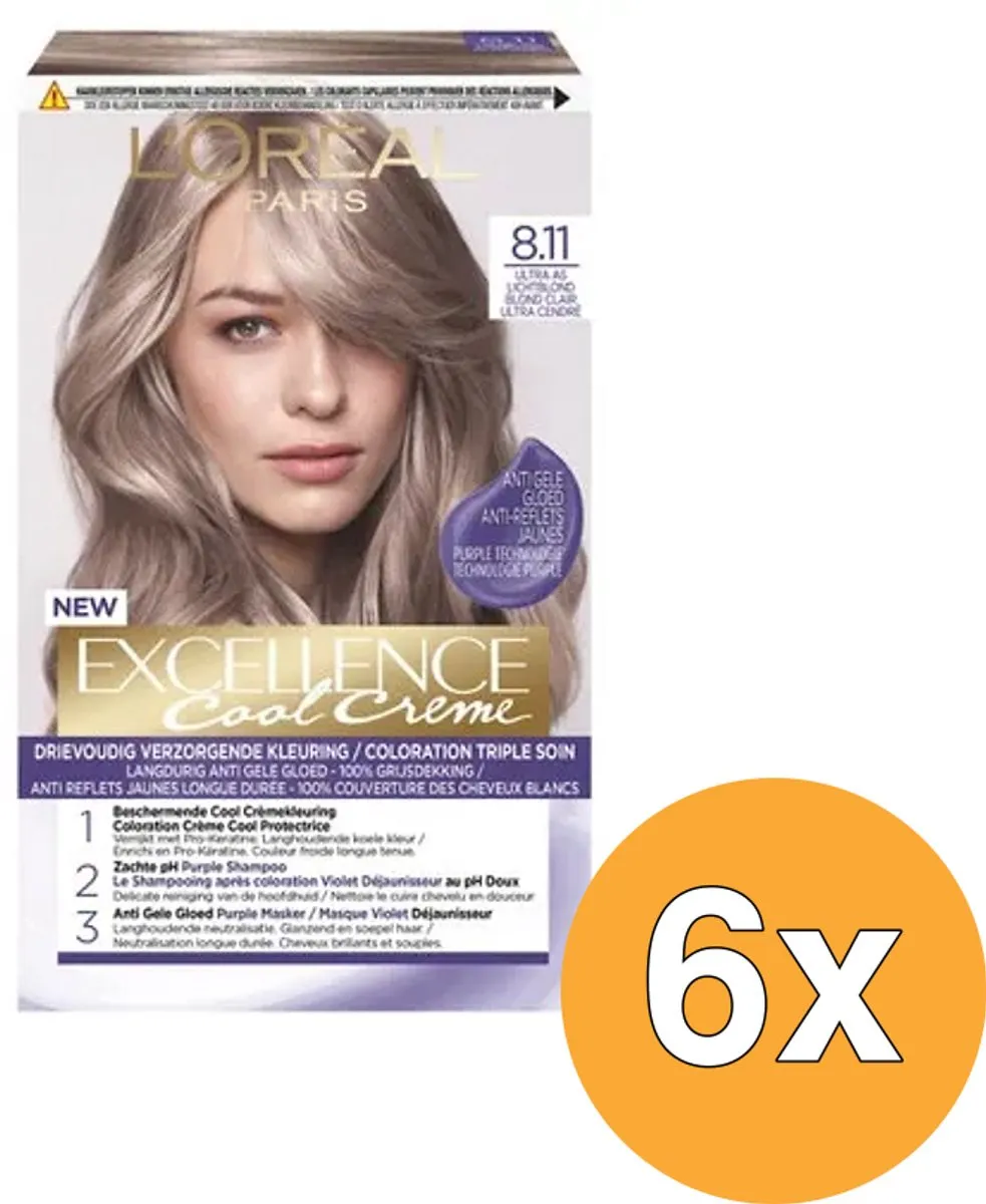 L'Oréal Paris Excellence Cool Cream 8.11 Ultra Ash Lichtblond - 6 Stuks