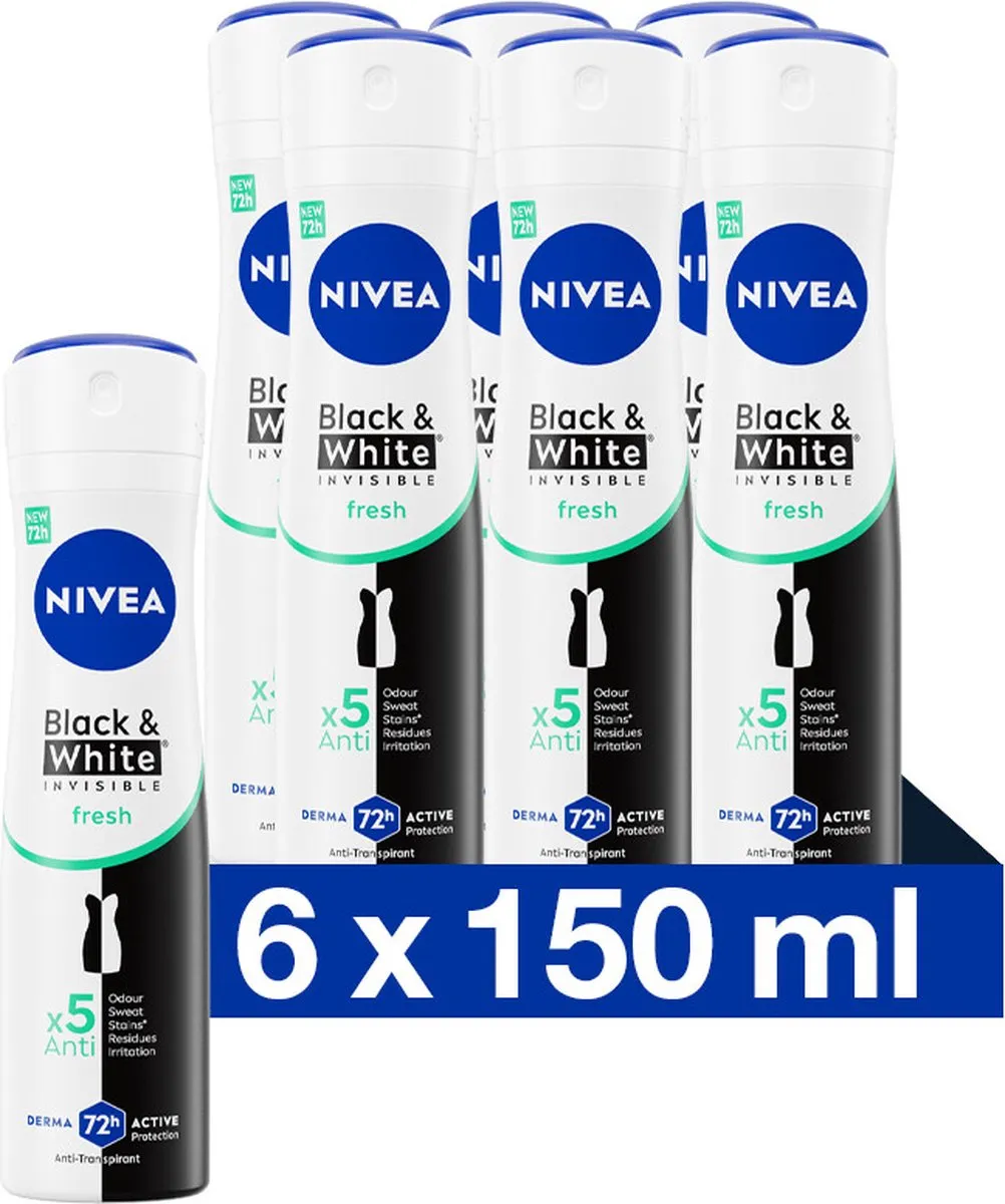NIVEA Invisible For Black & White Fresh Deo Spray 72u - 6x150ml - afbeelding 6 van 6