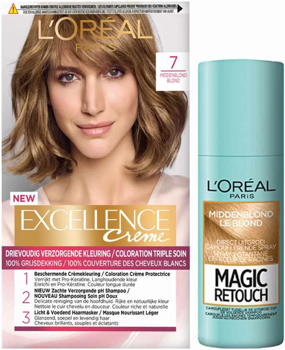 L'Oréal Paris Excellence Crème 7 Middenblond & Magic Retouch Spray 75ml - 2 Stuks