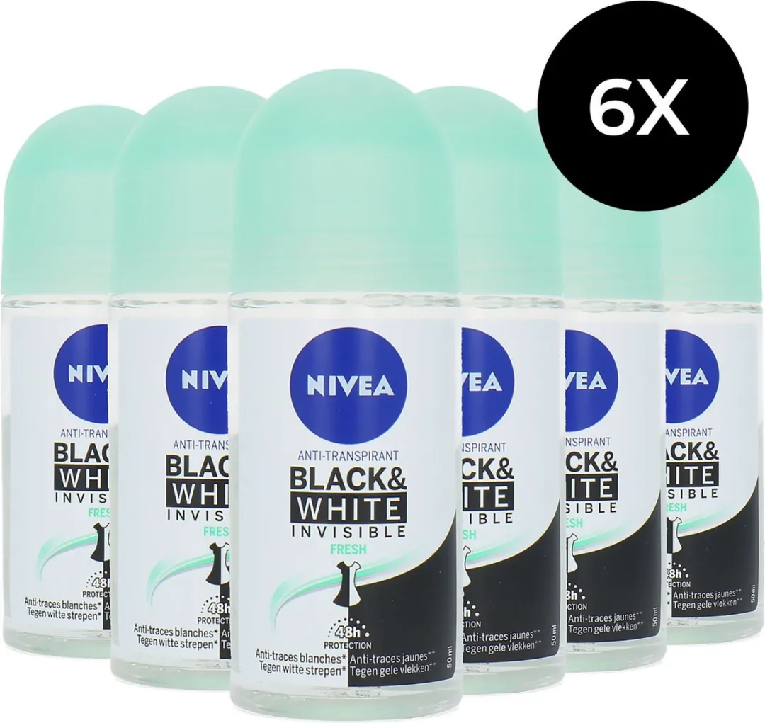 NIVEA Black & White Invisible Fresh Deo Roller - 6x50ml